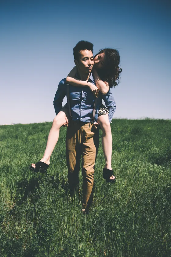 Playful interaction between engaged couple
