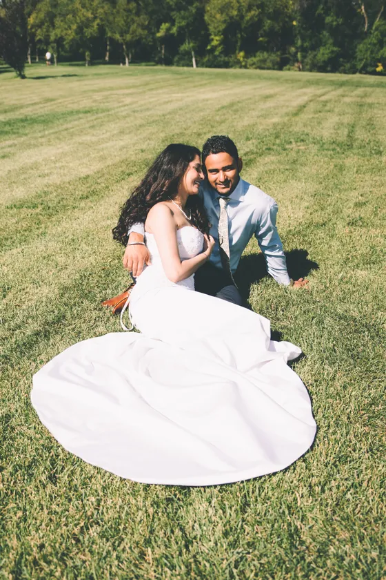 Couple laughing together during engagement shoot