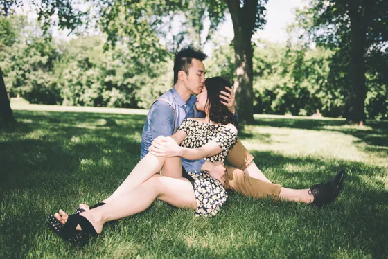 Sunset engagement portrait with warm lighting